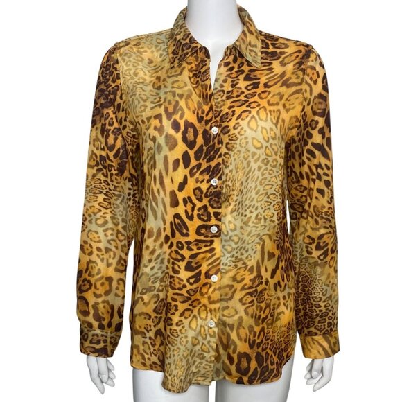 T Tahari Animal Print Blouse Shirt Womens Size L Button Up Long Sleeve Career - Picture 1 of 7